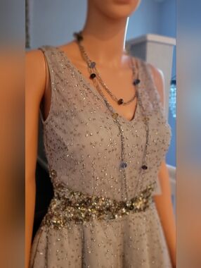Aidan Mattox Silver-Cream Beaded Waist Mini Dress